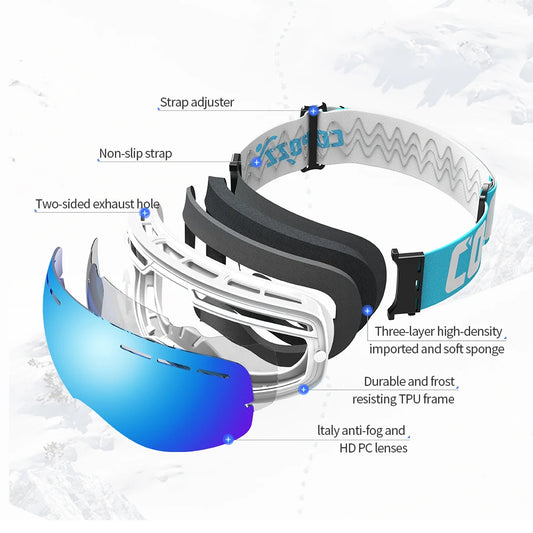 COPOZZ 4-15 years old Kids Ski Goggles Anti-fog Children Snowboard Goggles Double UV400 Skiing Mask Glasses with Cartoon Straps