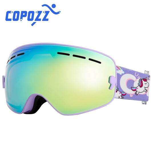 COPOZZ 4-15 years old Kids Ski Goggles Anti-fog Children Snowboard Goggles Double UV400 Skiing Mask Glasses with Cartoon Straps
