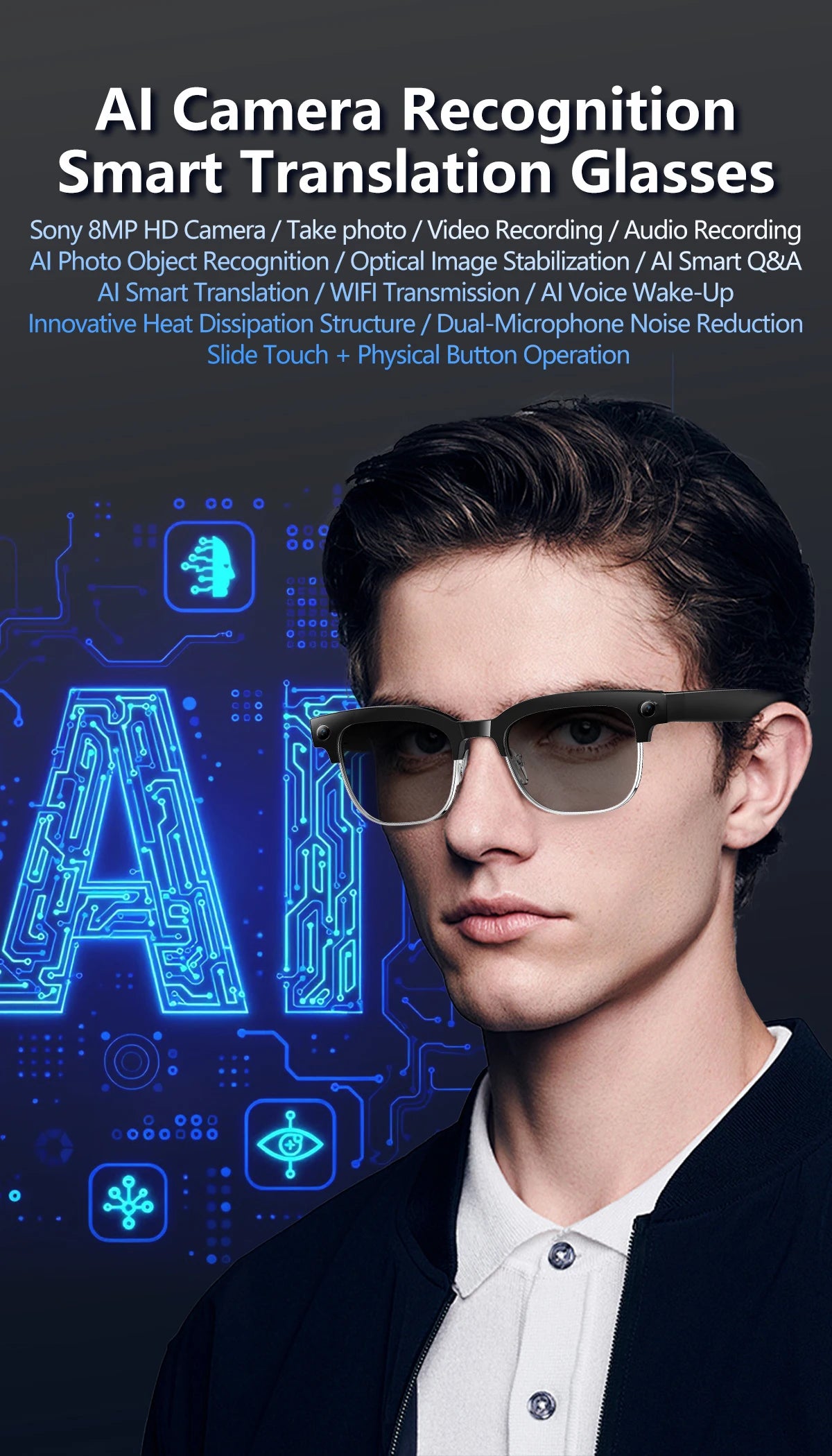 AI Smart Glasses 8 Million Pixels Recording Videos Photo Recognition Answer Translation 290mAh IP66 Waterproof Bluetooth Glasses