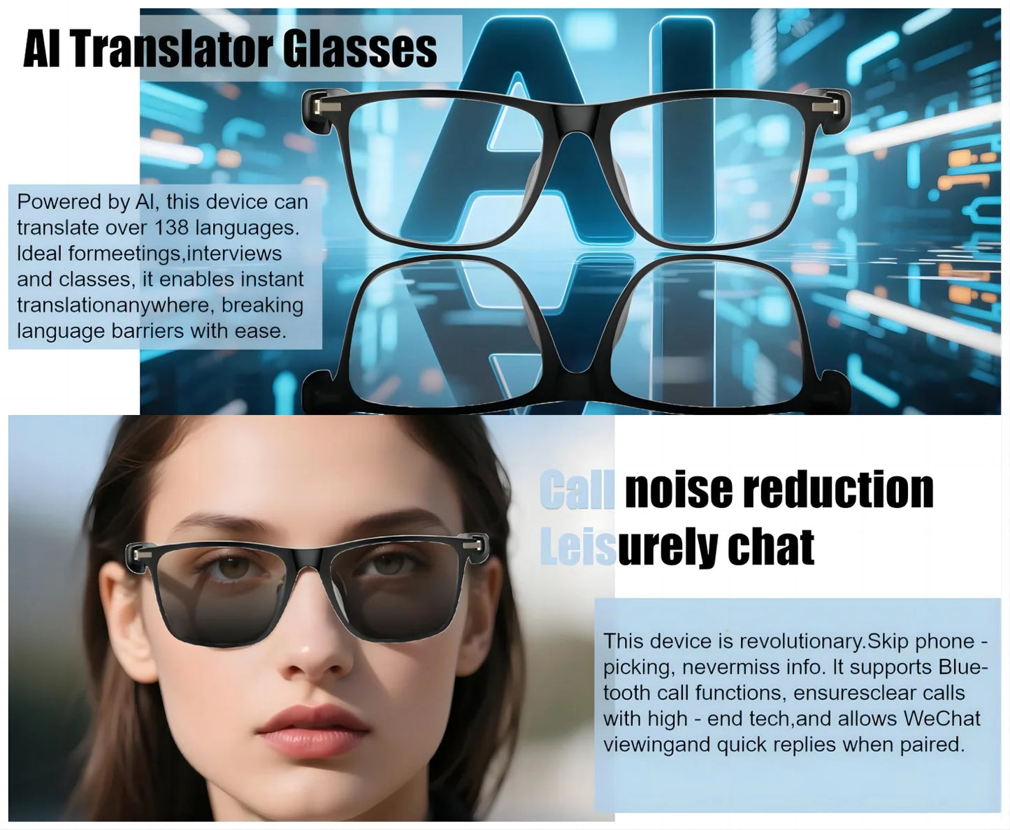 AI Translation Smart Glasses with photochromic lenses, support 160+ languages real-time translation