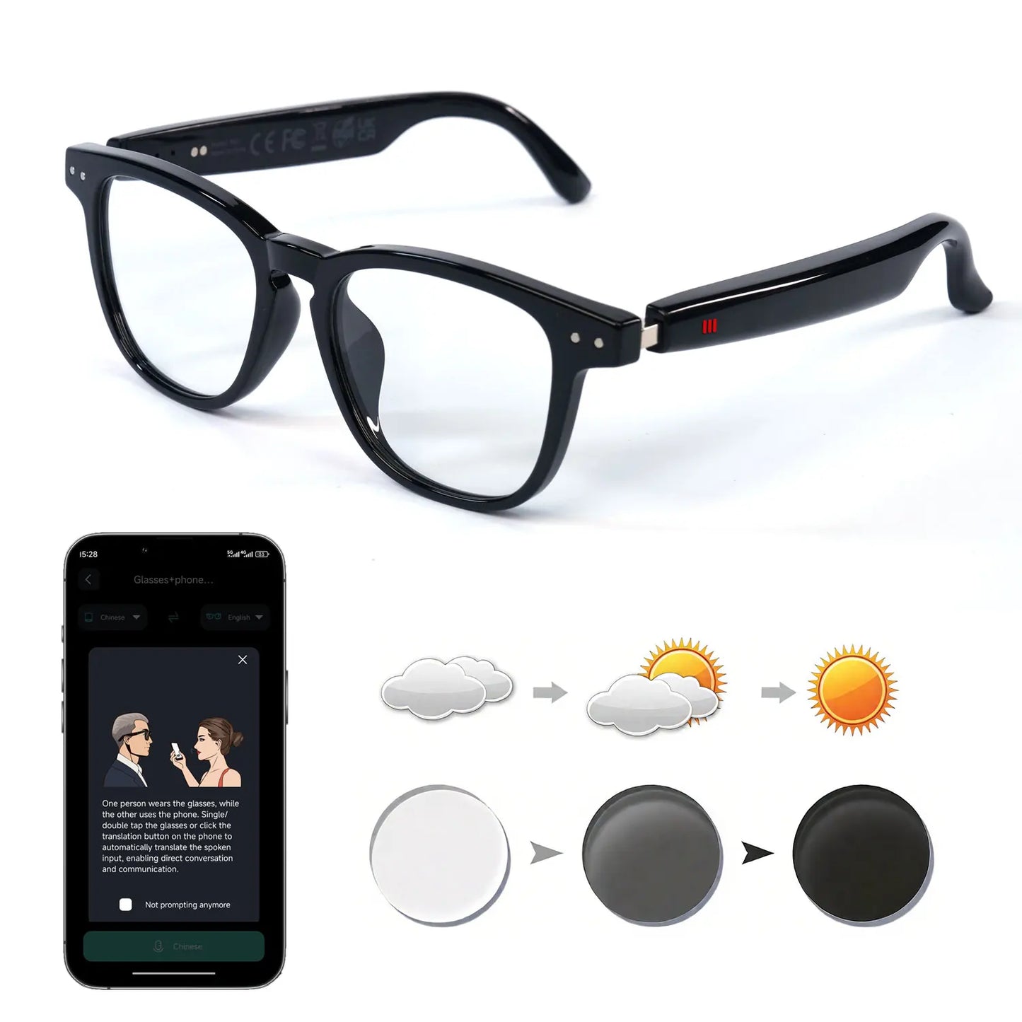 Smart AI translation audio glasses, real-time app translation in over 160 languages, light-sensitive color-changing lenses