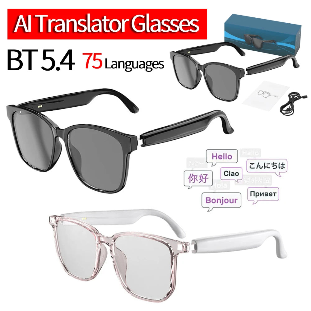 AI Glasses Wireless Earbuds Automatic Voice Translation Audio Glasses Support 75 Languages BT 5.4 for Sports Meeting Recording