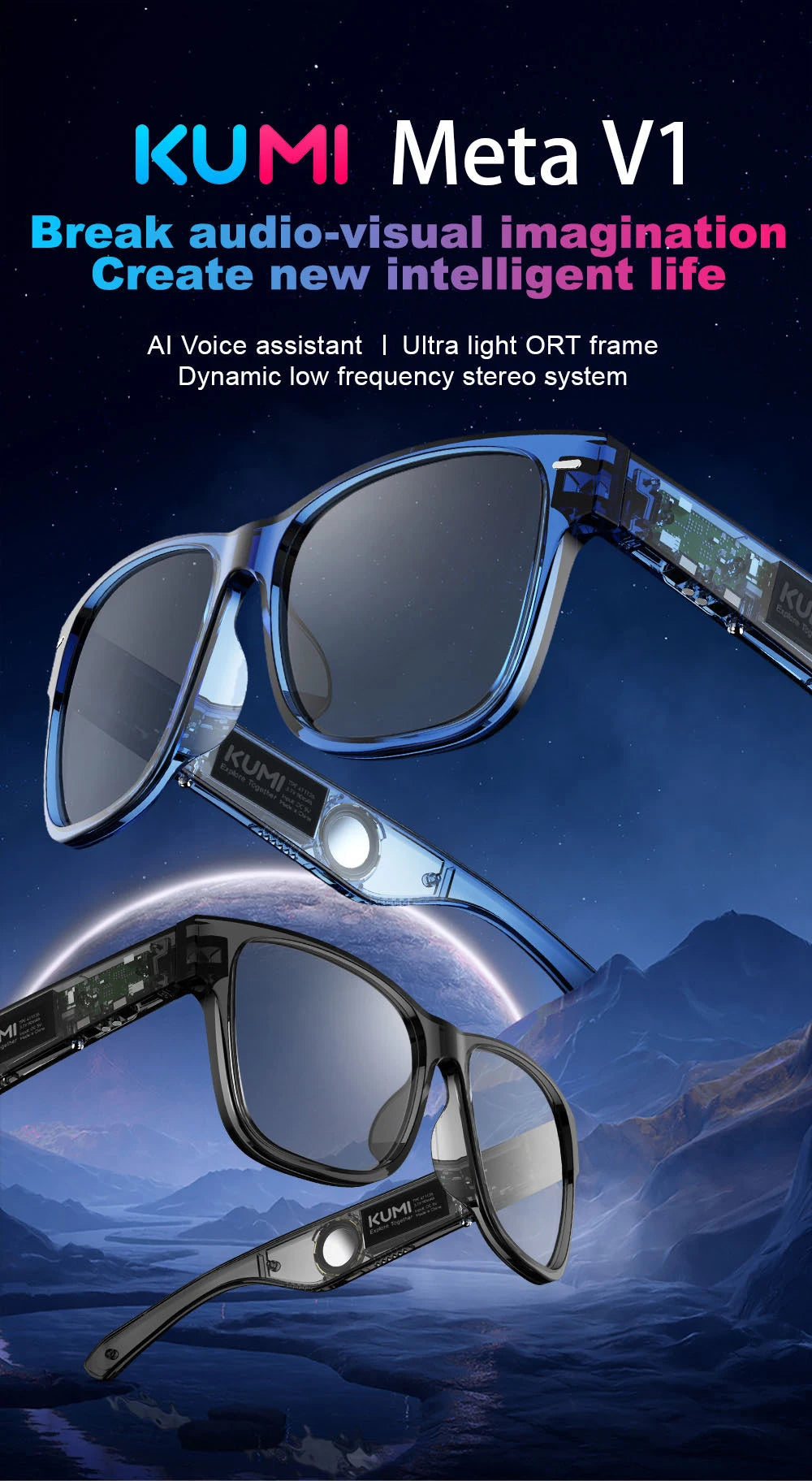KUMI Meta V1 Smart Glasses Polarized Sunglasses Bluetooth glasses IPX4 Waterproof Open Ear Headphones AI Voice Assistant