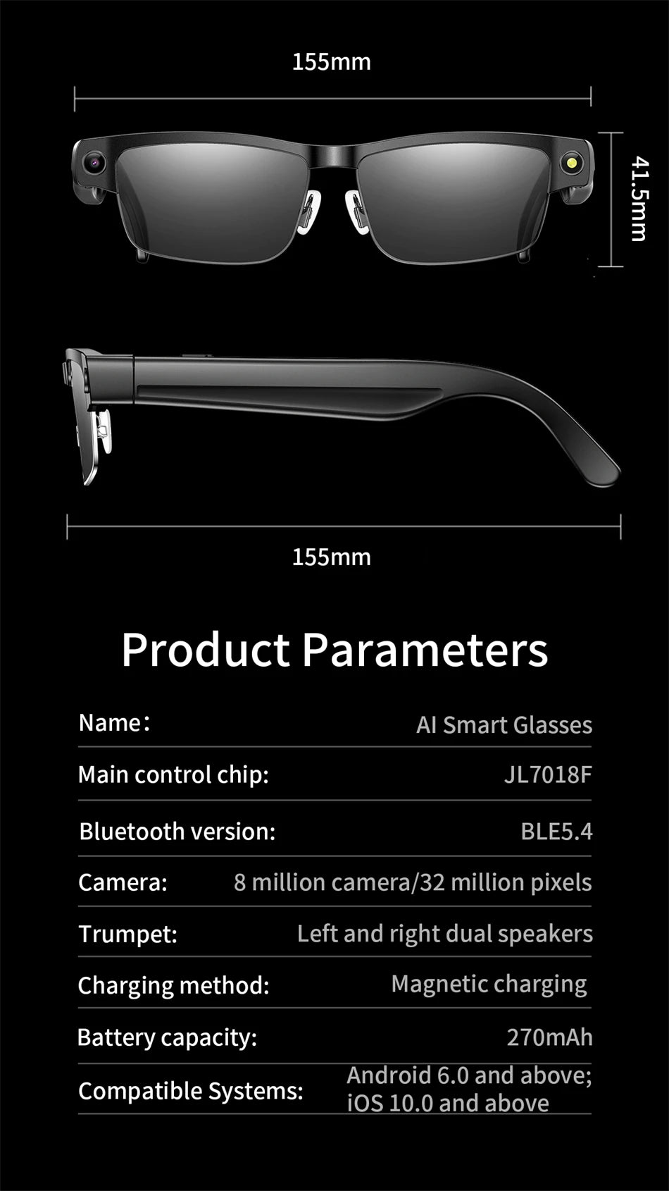 LIGE Smart Glasses Photography Video AI Intelligent Translation Smart Sunglasses Bluetooth Call Music Eyeglasses For Android iOS