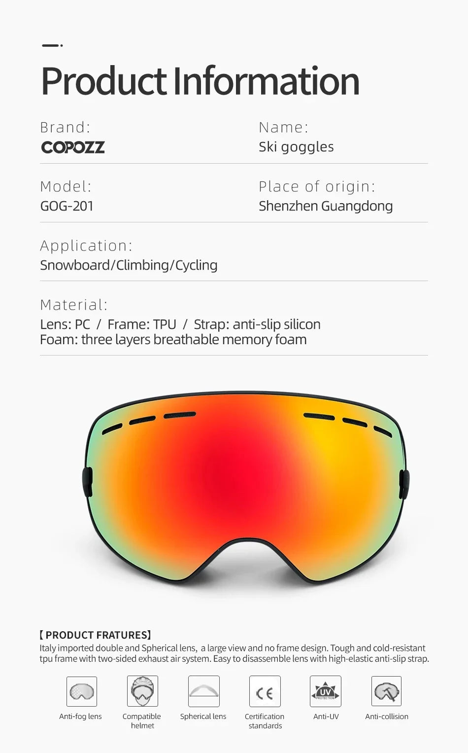 COPOZZ Brand Ski Goggles Double Layers UV400 Anti-fog Big Ski Glasses Skiing Mask Snowboard Men Women Snow Goggles GOG-201 Pro