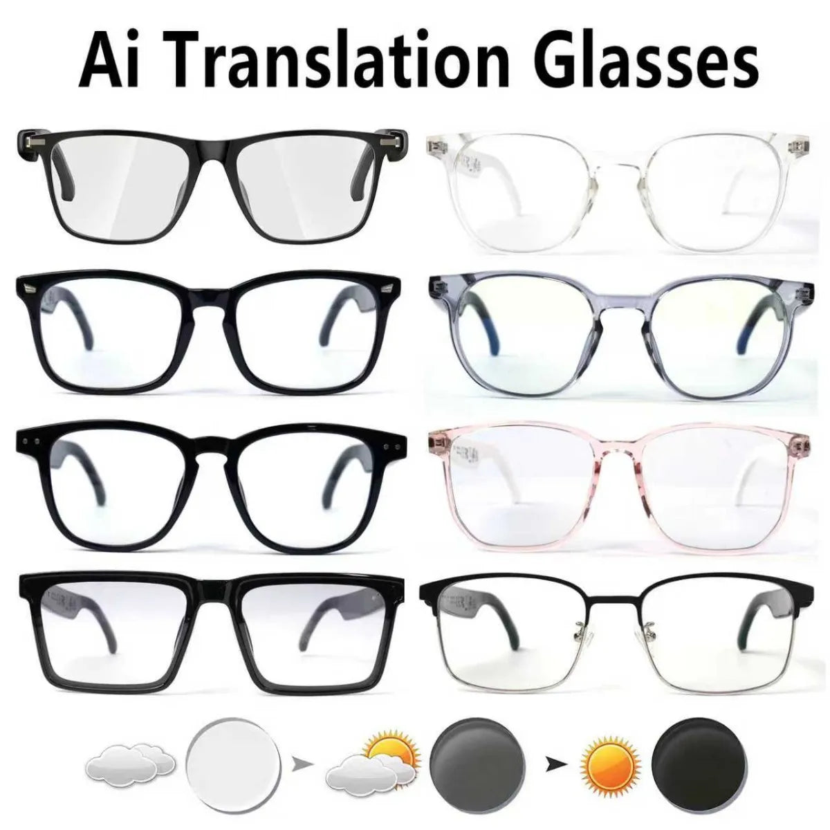 Smart AI translation audio glasses, real-time app translation in over 160 languages, light-sensitive color-changing lenses