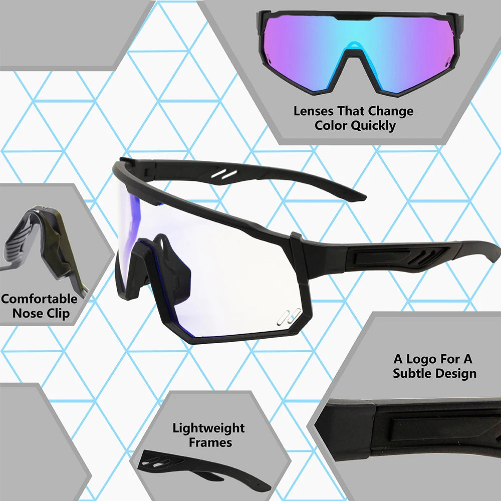 Photochromic Cycling Sunglasses | UV400 Auto-Tint Sports Glasses for Men & Women | MTB, Running