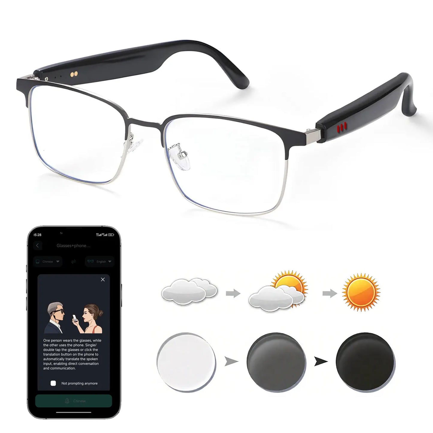 Smart AI translation audio glasses, real-time app translation in over 160 languages, light-sensitive color-changing lenses
