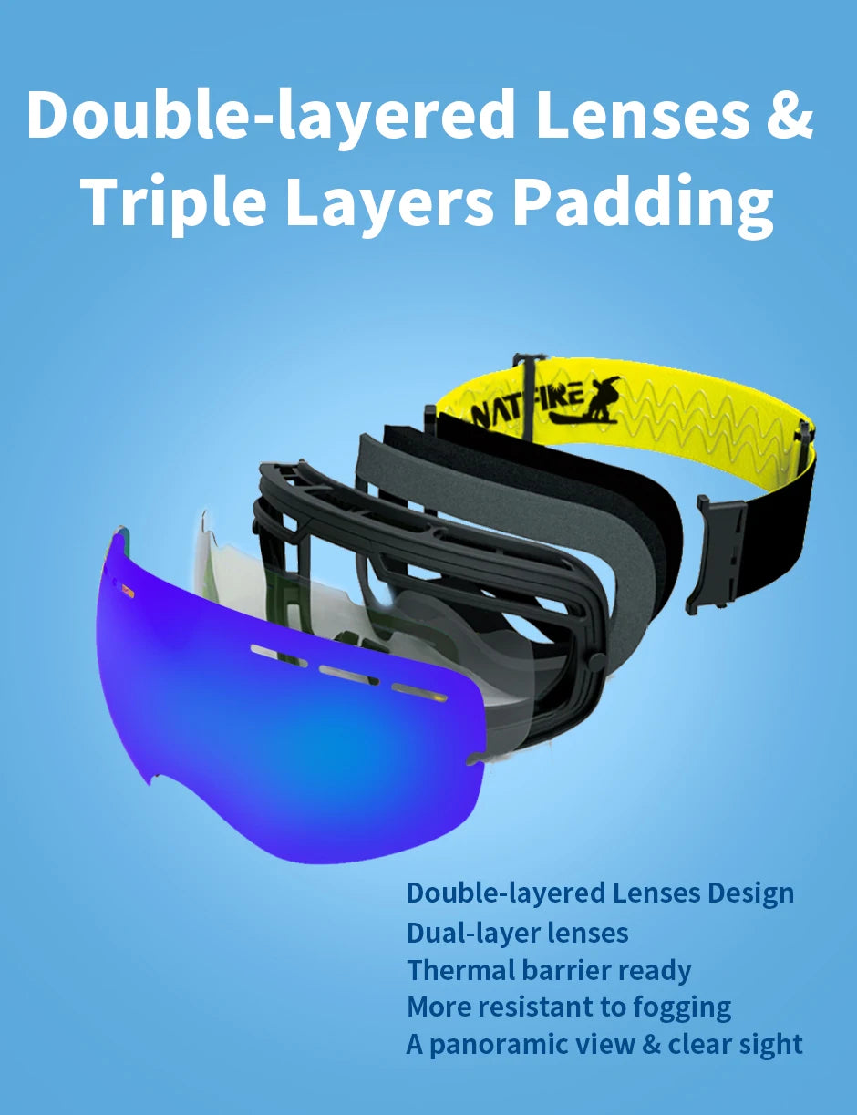 NATFIRE Ski Goggles Double Layers Anti-fog UV400 Snowboard Snow Goggles Snowmobile Glasses Eyewear Outdoor Sport Skiing Googles