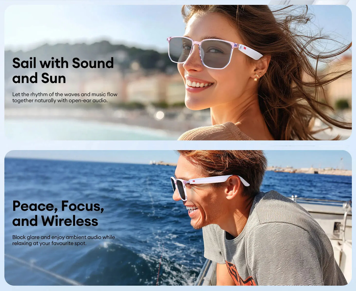 Smart AI translation audio glasses, real-time app translation in over 160 languages, light-sensitive color-changing lenses