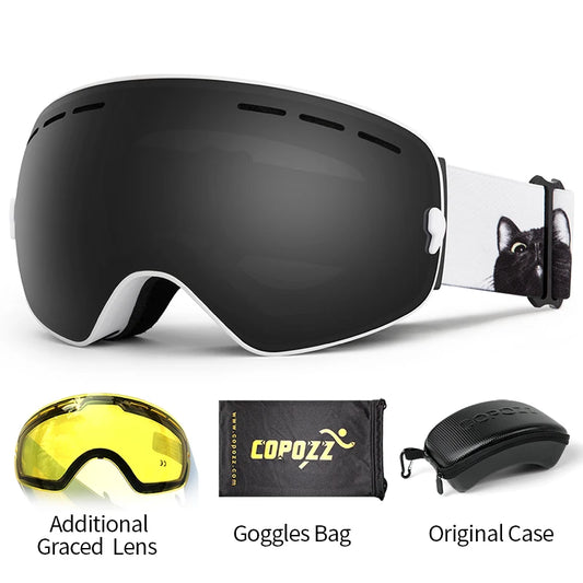 COPOZZ Ski Goggles with Case & Yellow Lens UV400 Anti-fog Spherical Ski Glasses Skiing Men Women Snow Goggles + Lens + Box Set