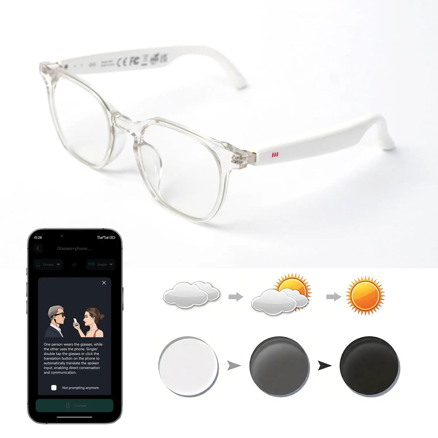 Smart AI translation audio glasses, real-time app translation in over 160 languages, light-sensitive color-changing lenses