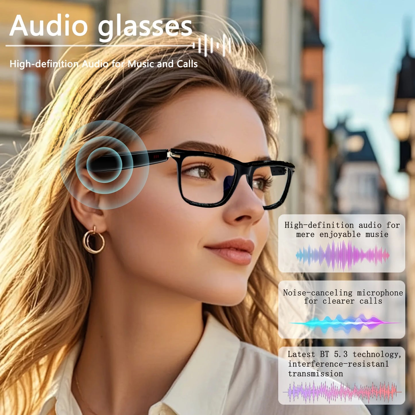 Smart AI translation audio glasses, real-time app translation in over 160 languages, light-sensitive color-changing lenses