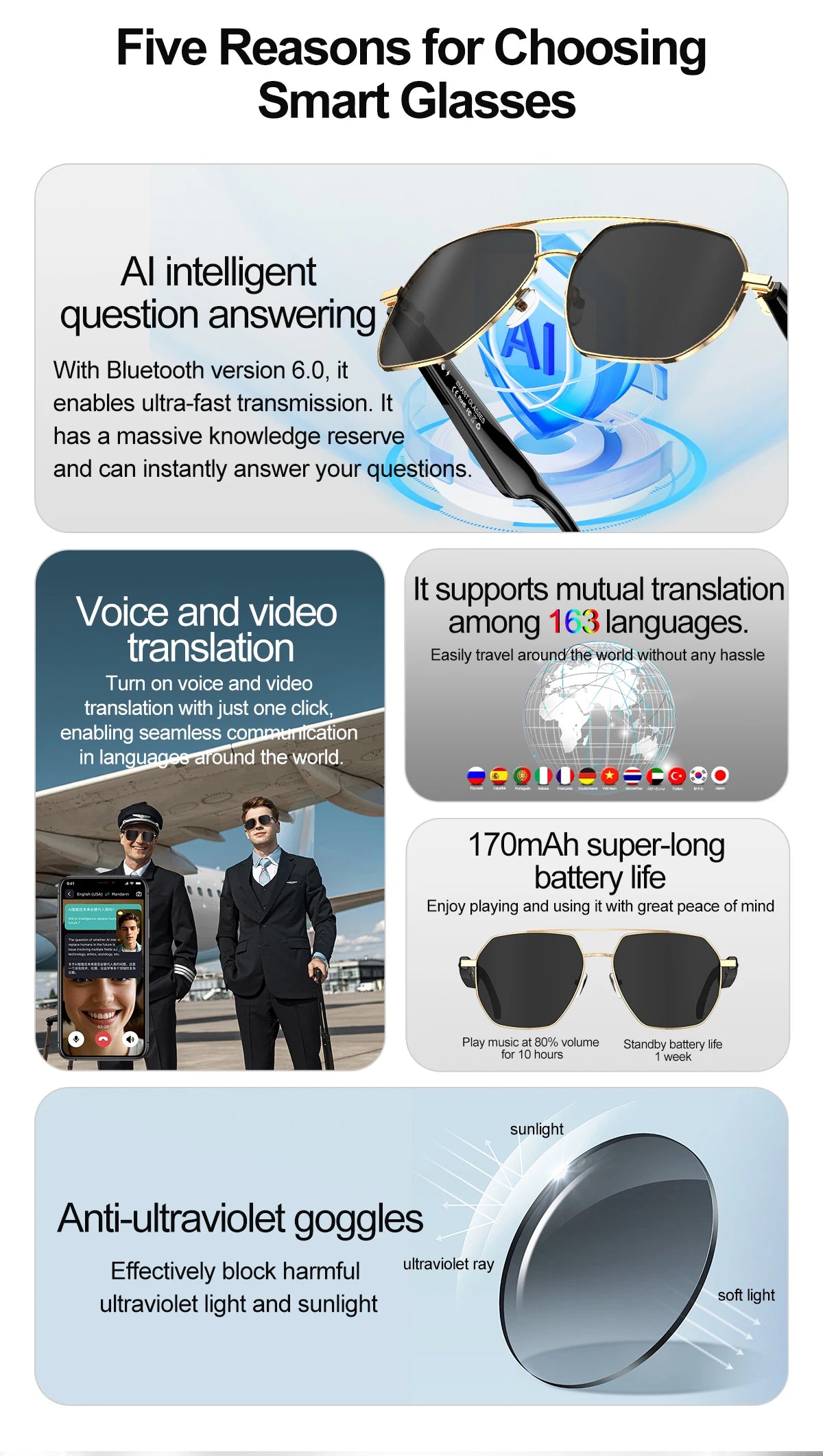 696 AI Voice Video Call Real-time Translation Intelligent Question Answering Smart Glasses UV Protection Sport BT Sunglasses