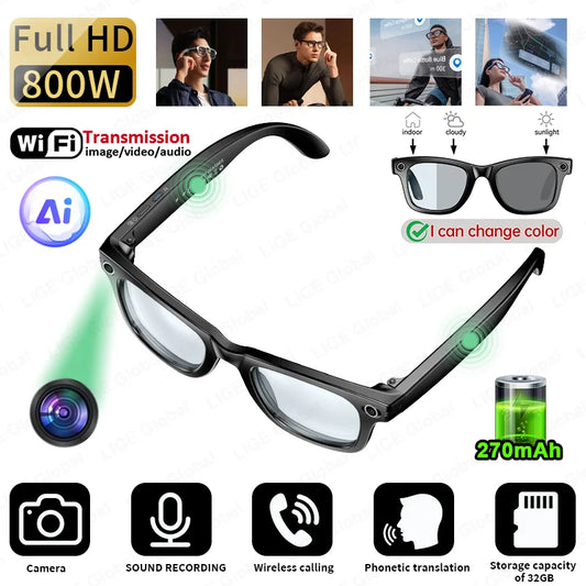 LIGE New AI Glasses HD Anti-shake Camera Video Recording Smart Glasses Voice Call Wireless Bluetooth Call Translation Sunglasses