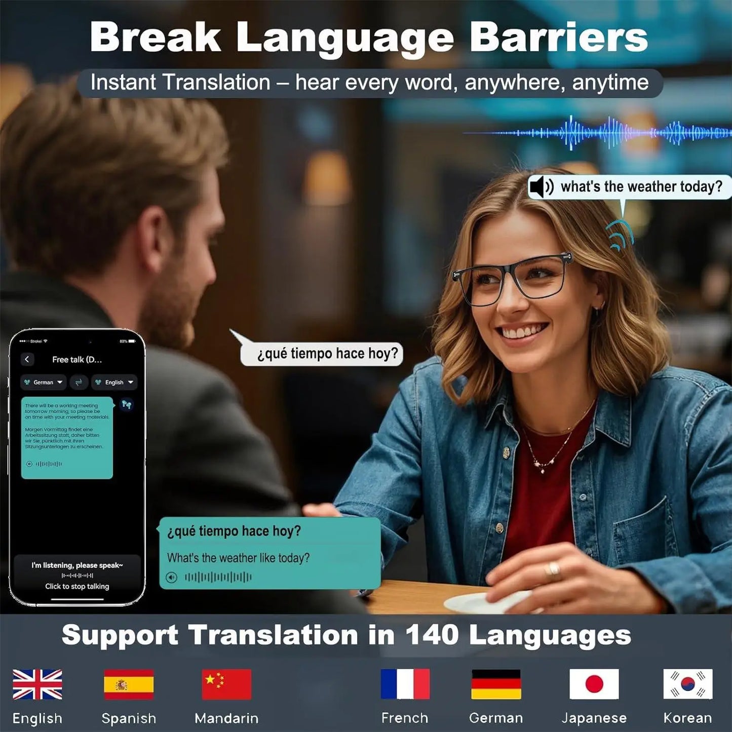 Smart AI translation audio glasses, real-time app translation in over 160 languages, light-sensitive color-changing lenses