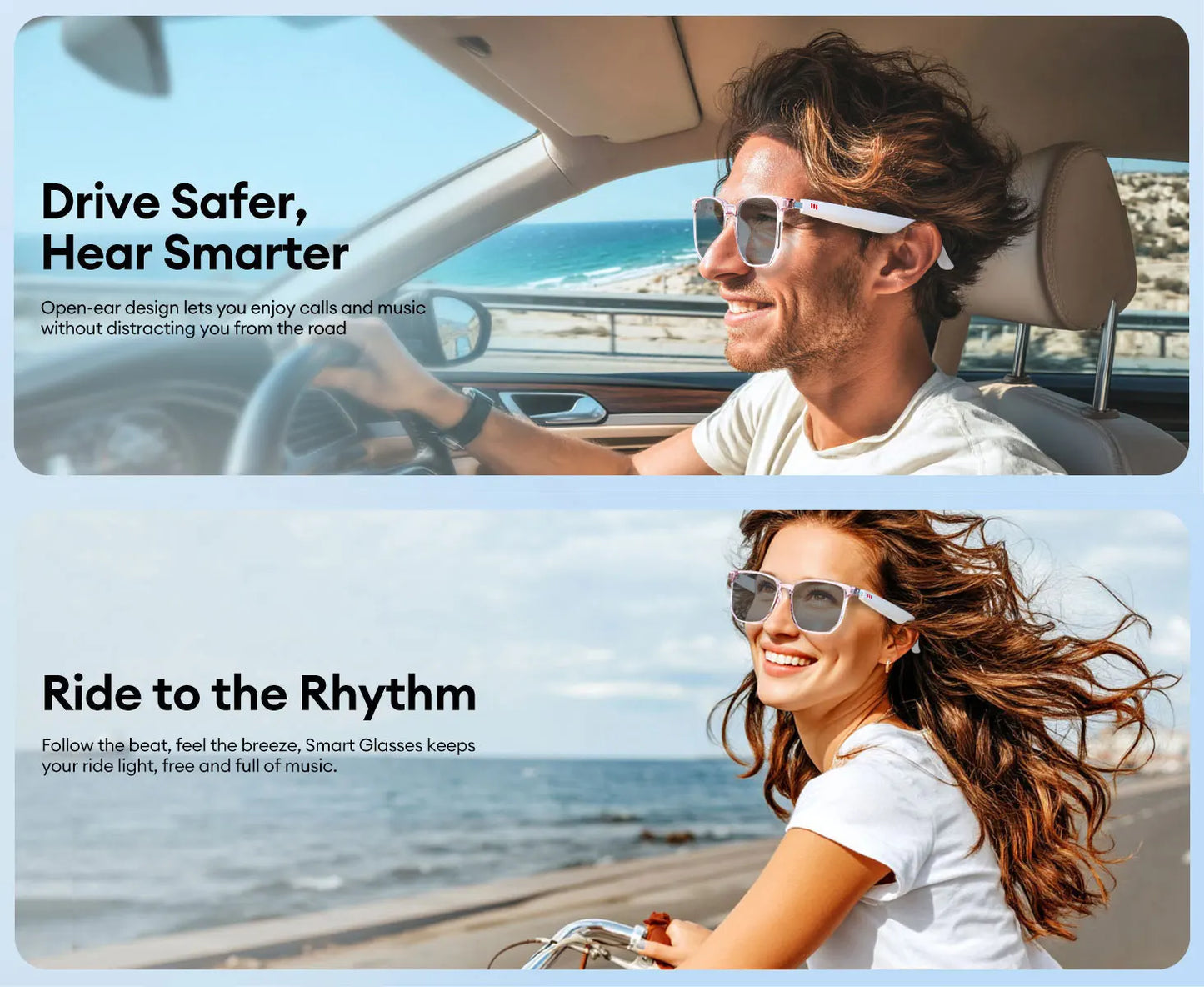 Smart AI translation audio glasses, real-time app translation in over 160 languages, light-sensitive color-changing lenses