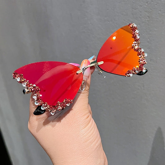 Female  Diamond Butterfly Sunglasses for Women UV Protection Vintage Party Style Metal Rimless Sunglasses Eyewear Decoration