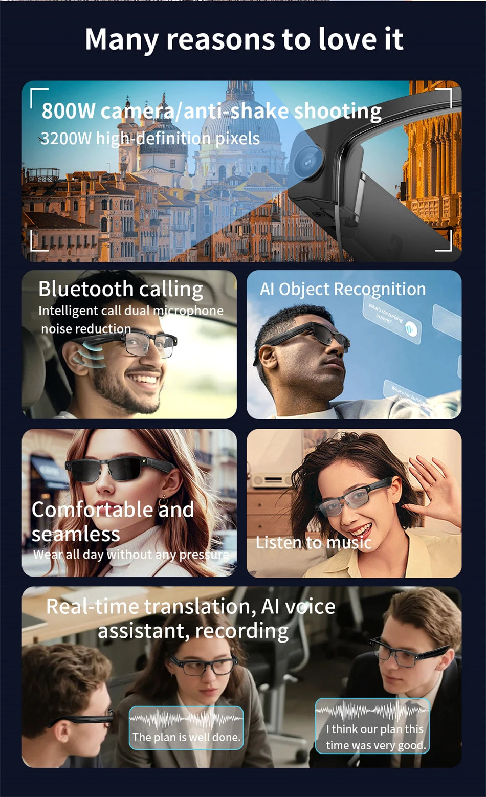 LIGE Smart Glasses Photography Video AI Intelligent Translation Smart Sunglasses Bluetooth Call Music Eyeglasses For Android iOS