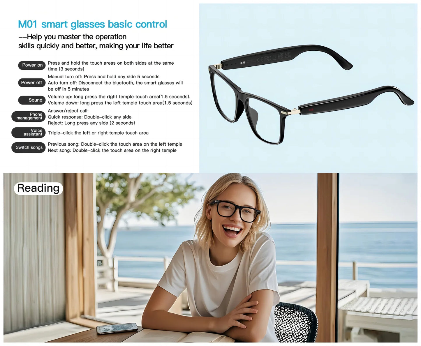 Smart AI translation audio glasses, real-time app translation in over 160 languages, light-sensitive color-changing lenses