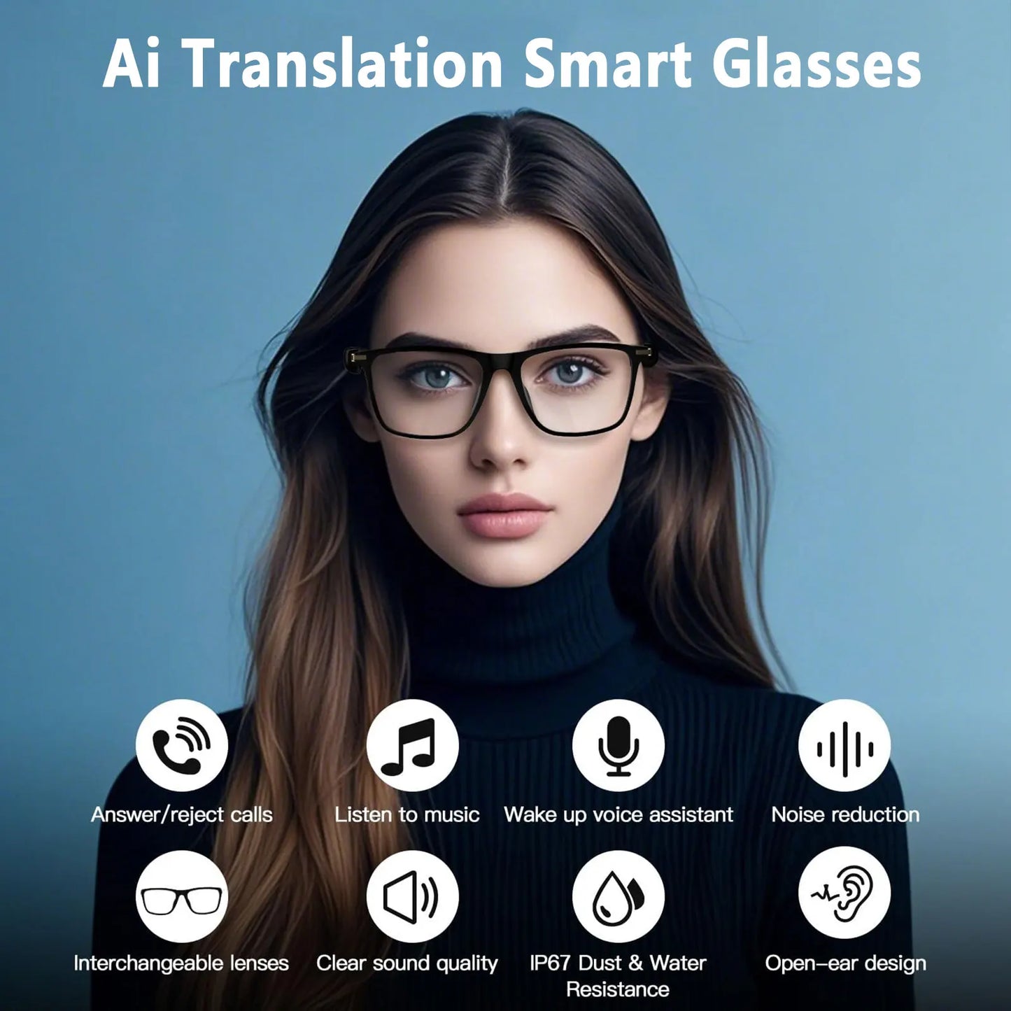 Smart AI translation audio glasses, real-time app translation in over 160 languages, light-sensitive color-changing lenses