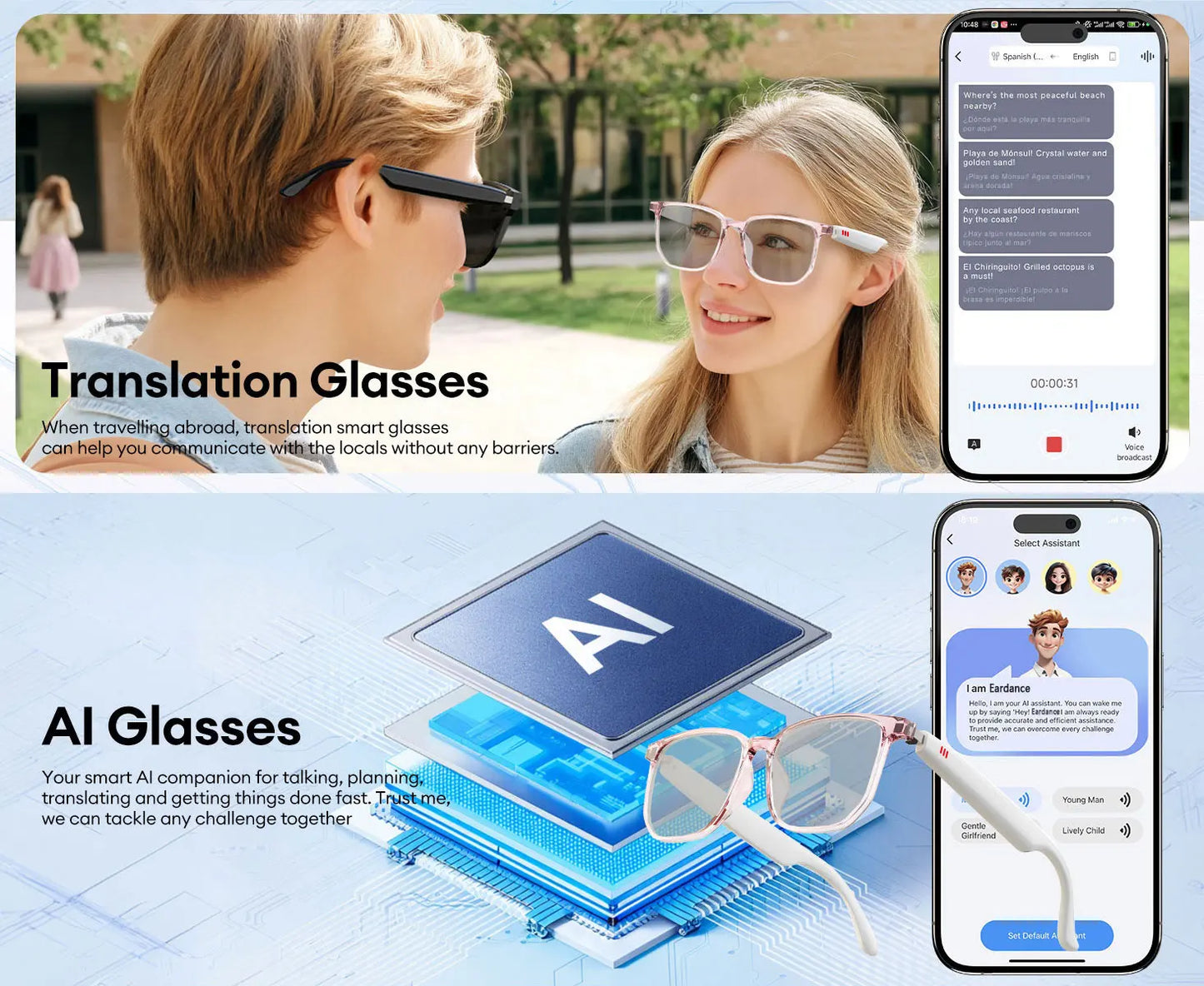Smart AI translation audio glasses, real-time app translation in over 160 languages, light-sensitive color-changing lenses