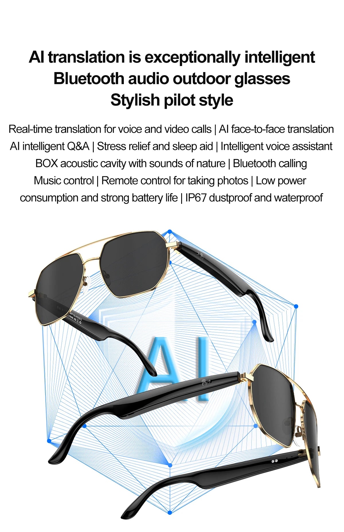 696 AI Voice Video Call Real-time Translation Intelligent Question Answering Smart Glasses UV Protection Sport BT Sunglasses