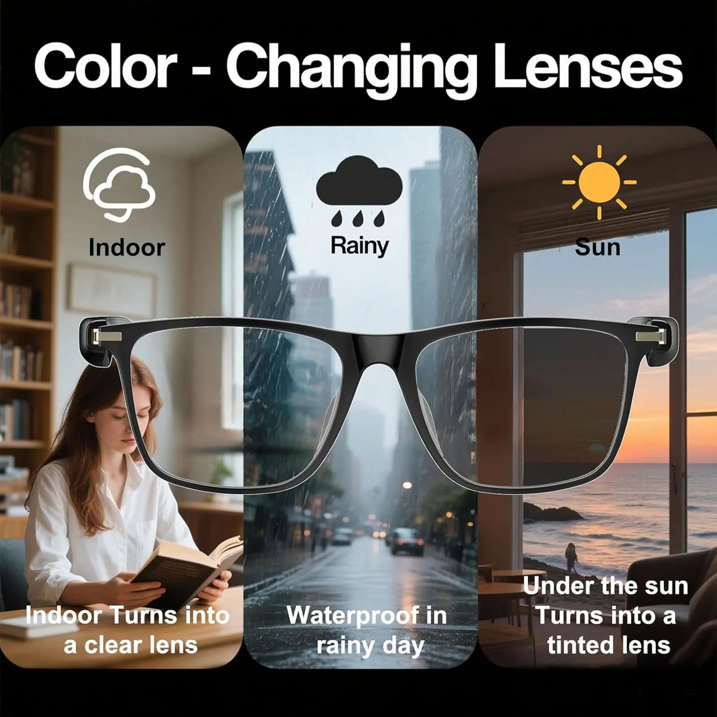 Smart AI translation audio glasses, real-time app translation in over 160 languages, light-sensitive color-changing lenses