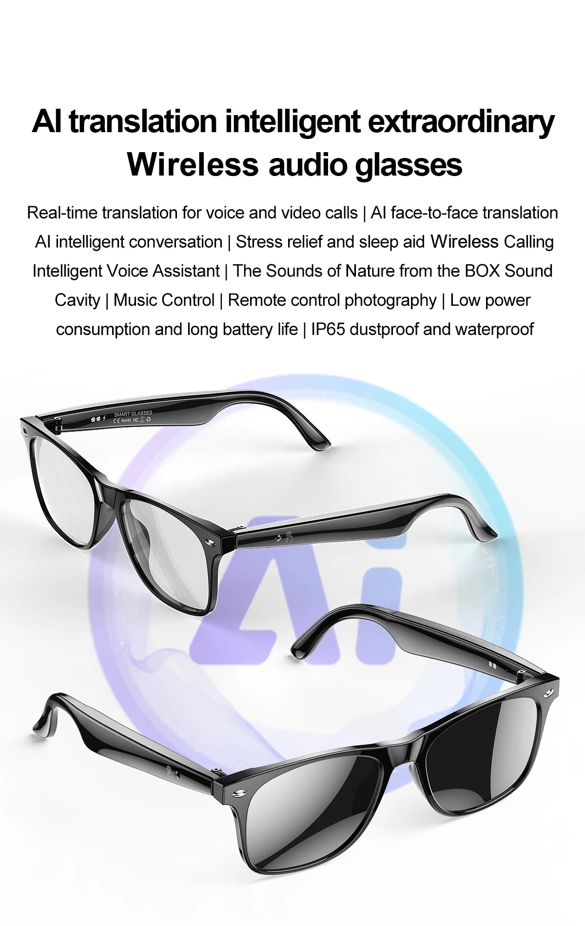 LIGE Smart Glasses AI Intelligent Real-time Translation Bluetooth 6.0 Sunglasses Outdoor Sport Earphone Calling Music Eyeglasses