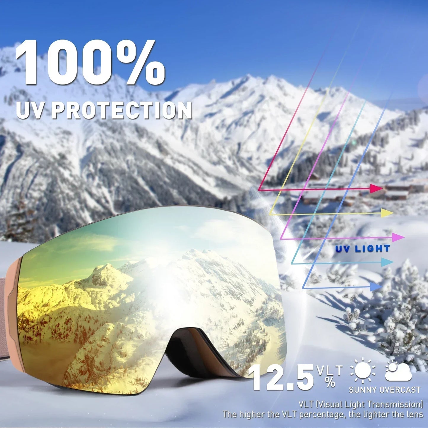 Kapvoe OTG Ski Goggles for Women | UV400 Anti-Fog | Fits Over Glasses | Snowboard & Snowmobile