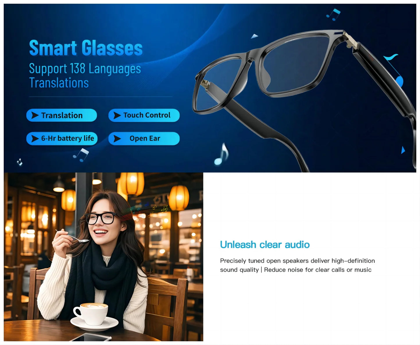 Smart AI translation audio glasses, real-time app translation in over 160 languages, light-sensitive color-changing lenses
