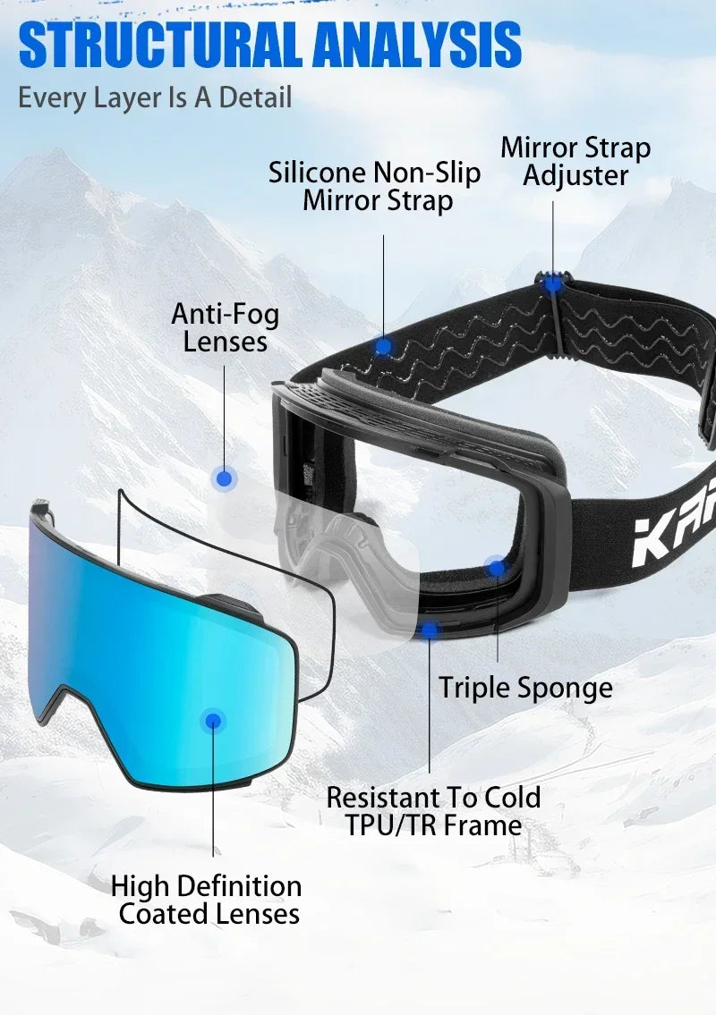 Kapvoe Magnetic Ski Goggles | UV400 Anti-Fog | Men & Women | Snowboard & Snowmobile