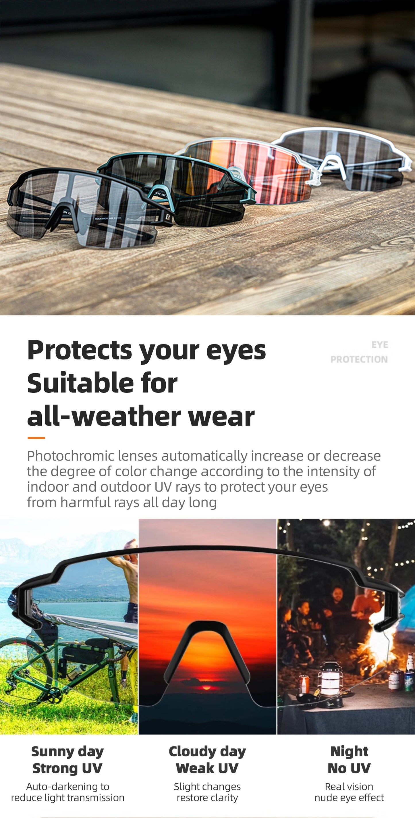 ROCKBROS Photochromic Myopic Cycling Glasses Photosensitive Unisex Running Outdoor Sports Windproof Dustproof Bicycle Accessory