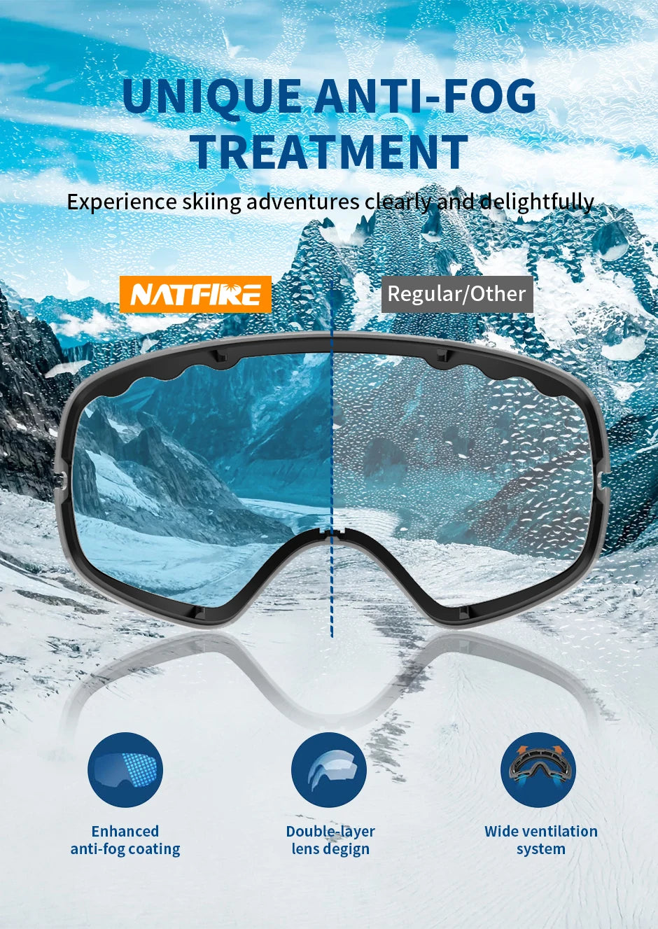 NATFIRE Ski Goggles Double Layers Anti-fog UV400 Snowboard Snow Goggles Snowmobile Glasses Eyewear Outdoor Sport Skiing Googles