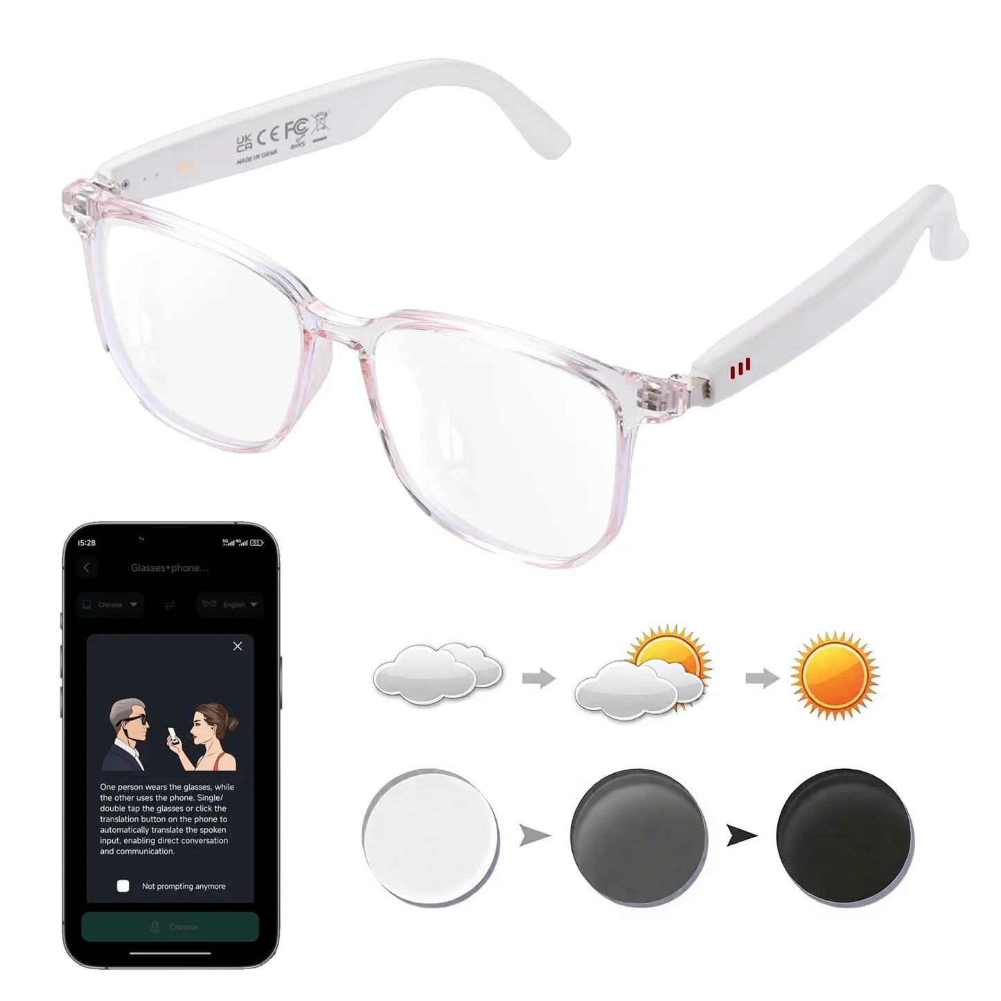 Smart AI translation audio glasses, real-time app translation in over 160 languages, light-sensitive color-changing lenses