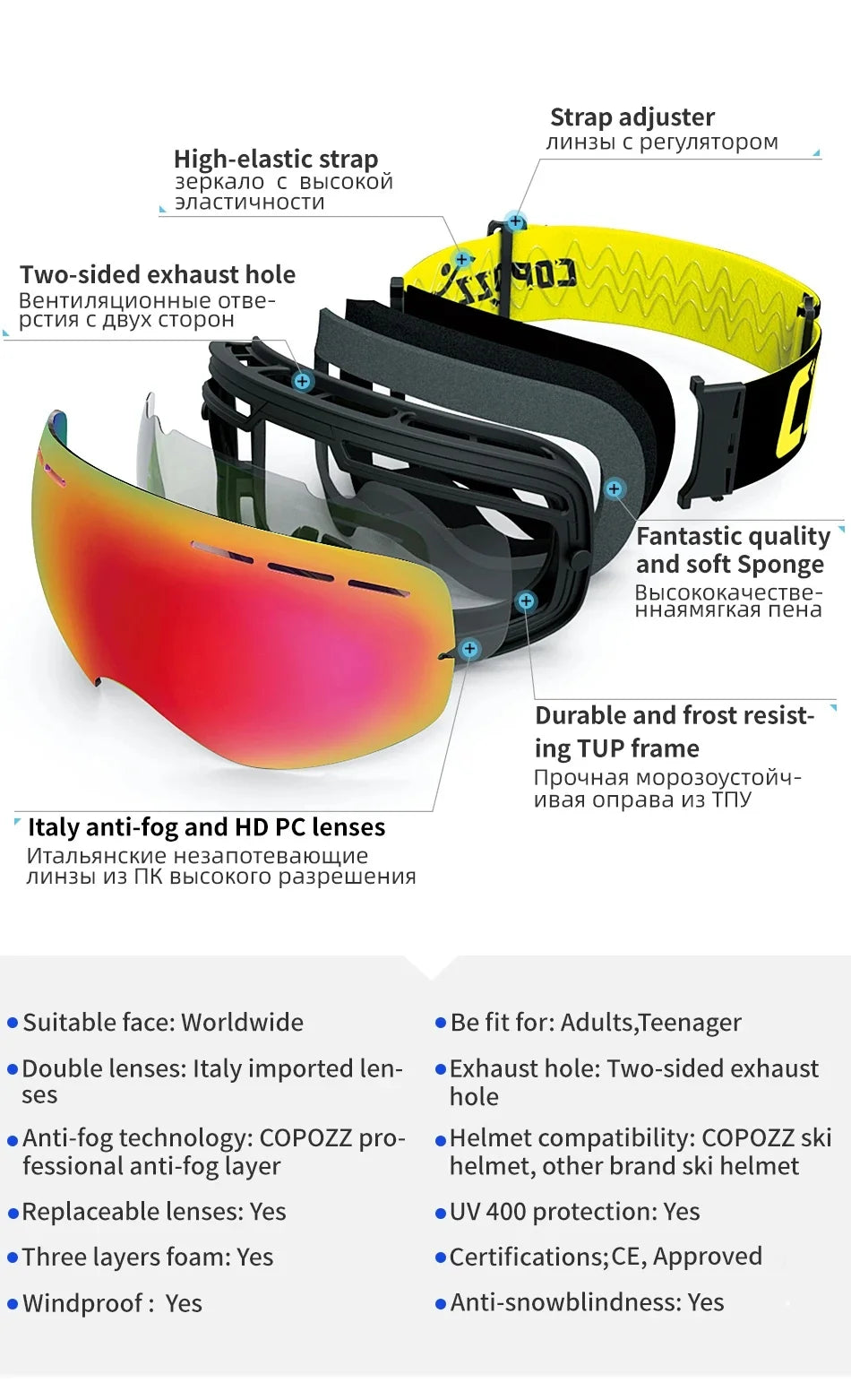 COPOZZ Brand Ski Goggles Double Layers UV400 Anti-fog Big Ski Glasses Skiing Mask Snowboard Men Women Snow Goggles GOG-201 Pro