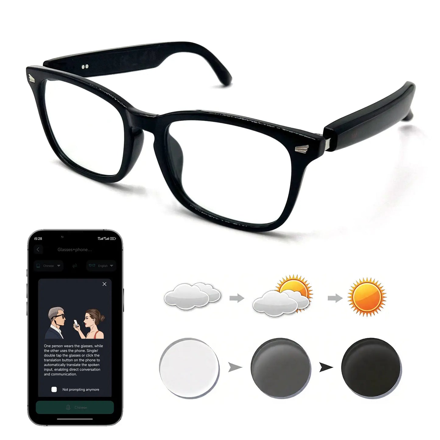 Smart AI translation audio glasses, real-time app translation in over 160 languages, light-sensitive color-changing lenses