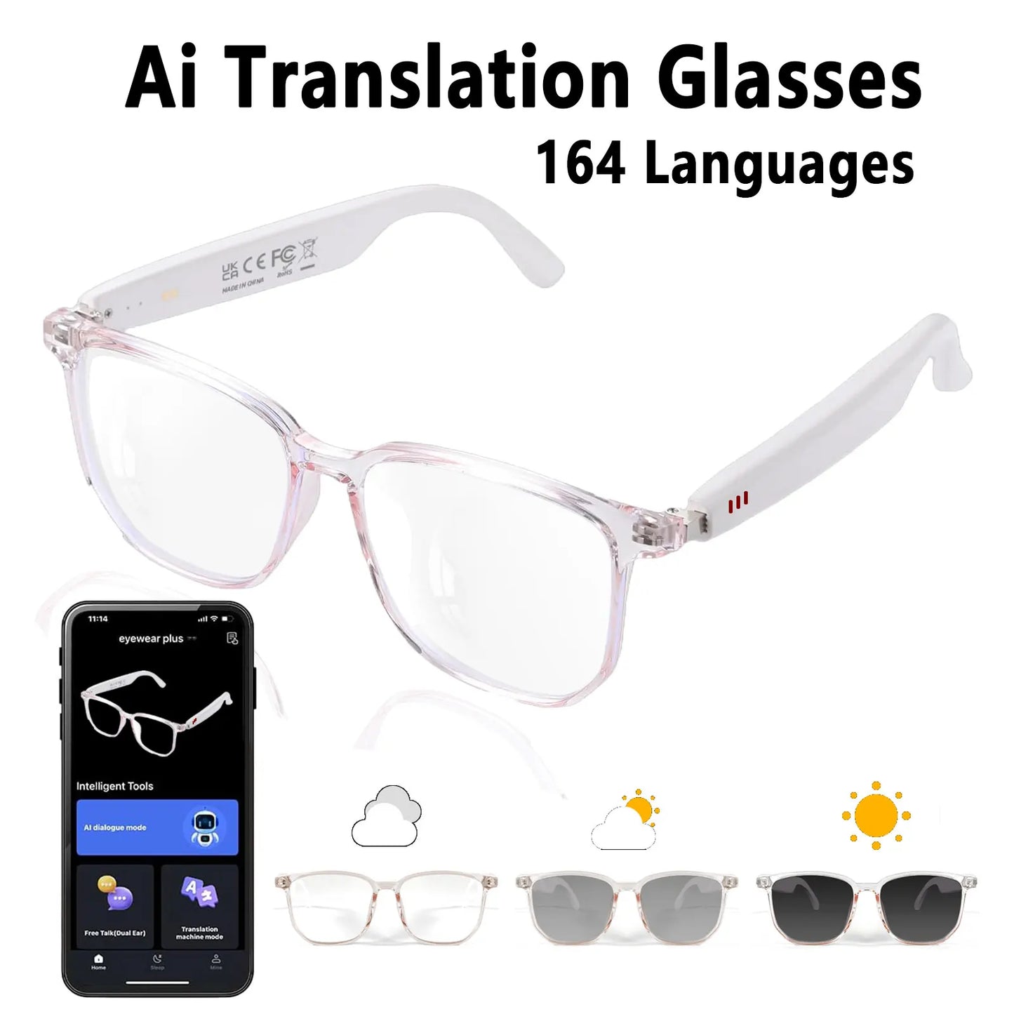 Smart AI translation audio glasses, real-time app translation in over 160 languages, light-sensitive color-changing lenses