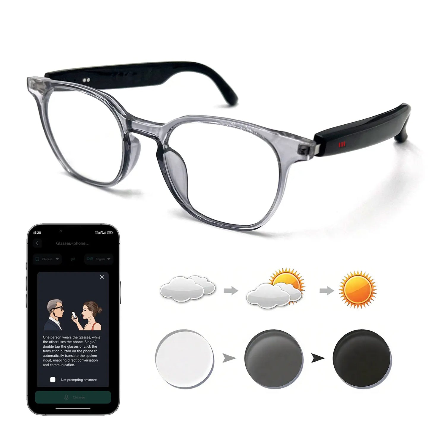 Smart AI translation audio glasses, real-time app translation in over 160 languages, light-sensitive color-changing lenses