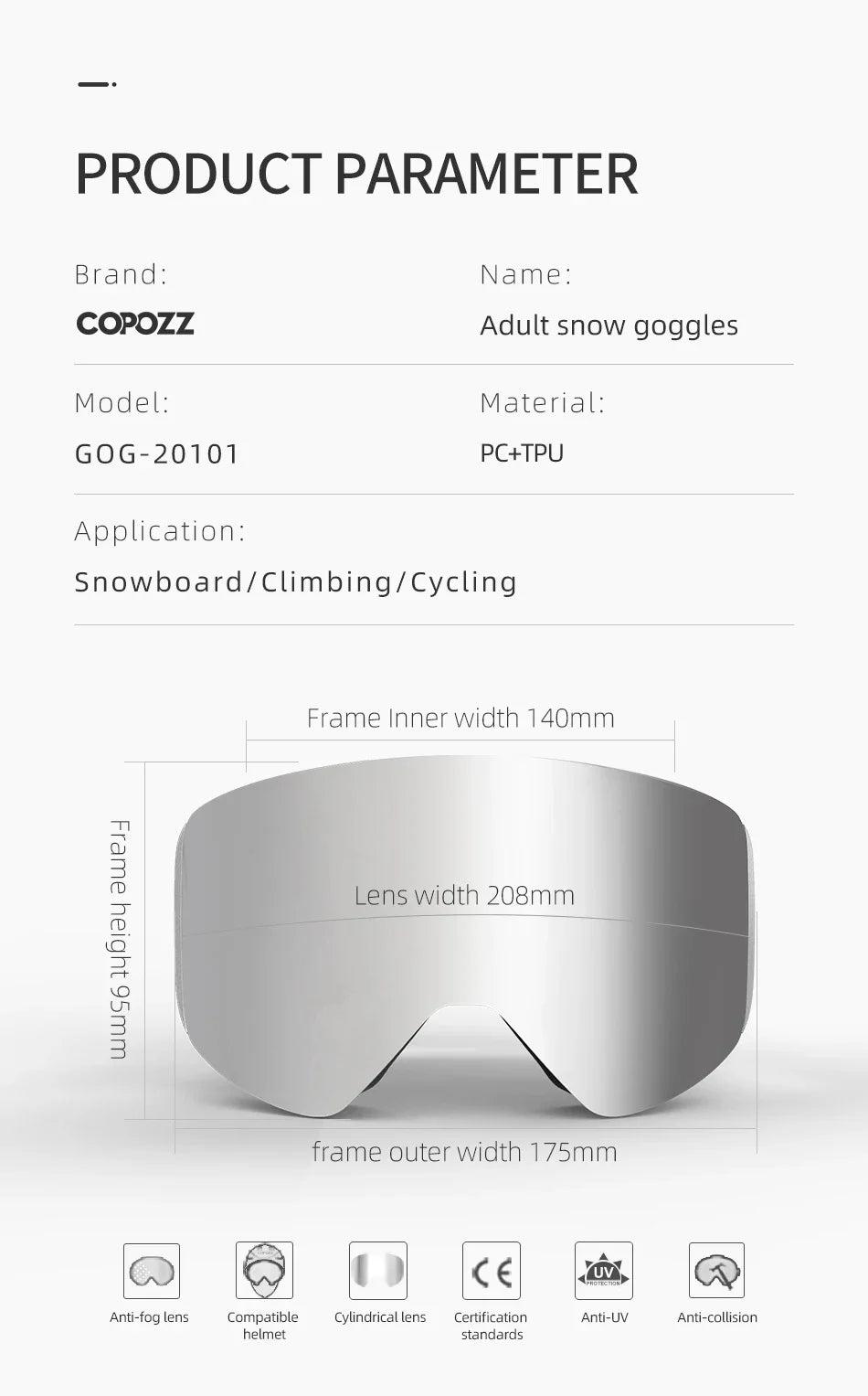 COPOZZ OTG Ski Goggles | UV400 Anti-Fog | Fits Over Glasses | Yellow Lens Kit Included