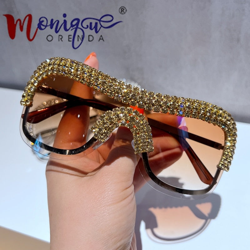 Luxury Oversized Y2k Sunglasses Women Metal Rimless Vintage Silver Sun Glasses Big Rhinestone Feamle Shades