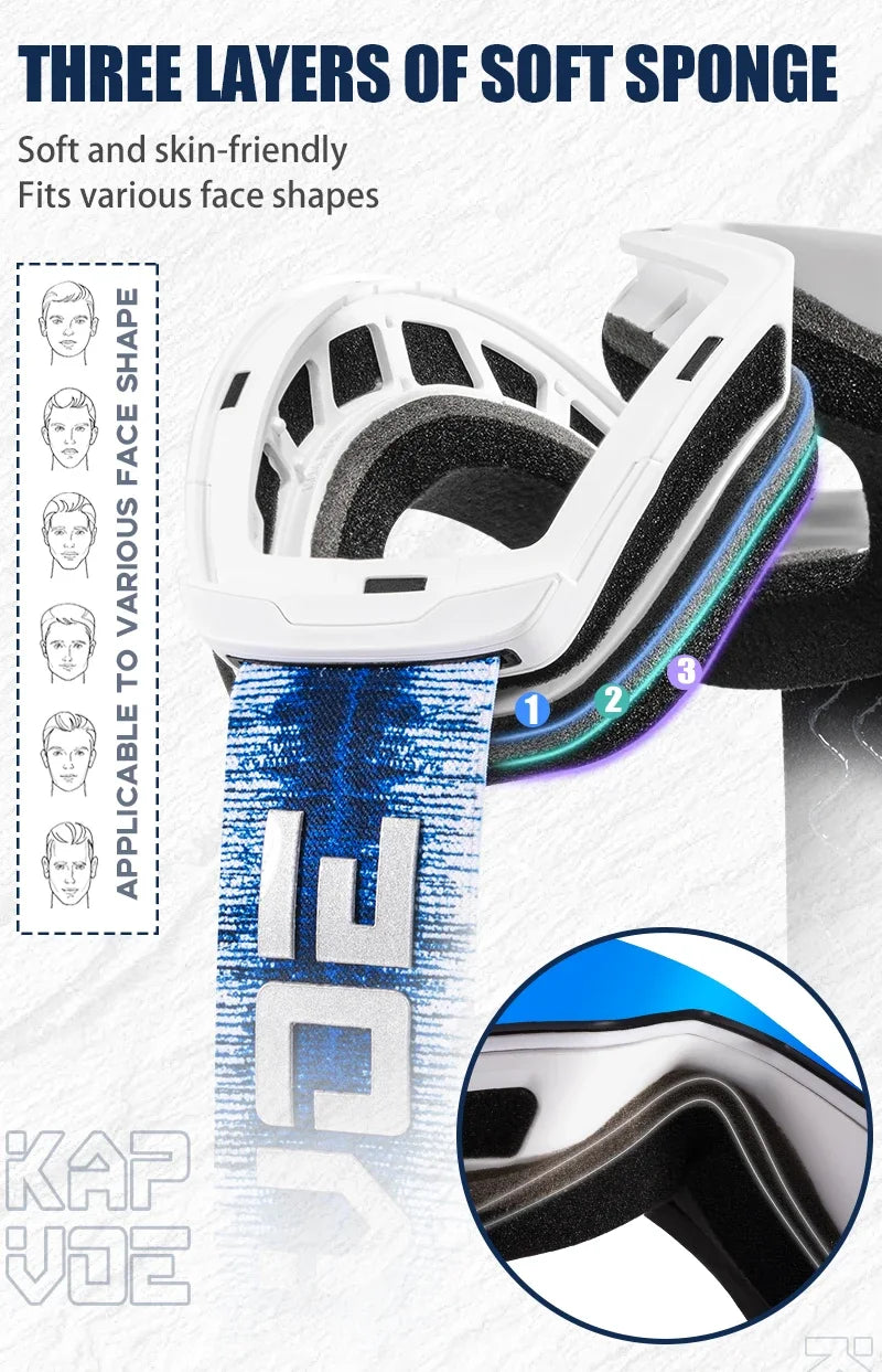 Kapvoe OTG Ski Goggles for Women | UV400 Anti-Fog | Fits Over Glasses | Snowboard & Snowmobile