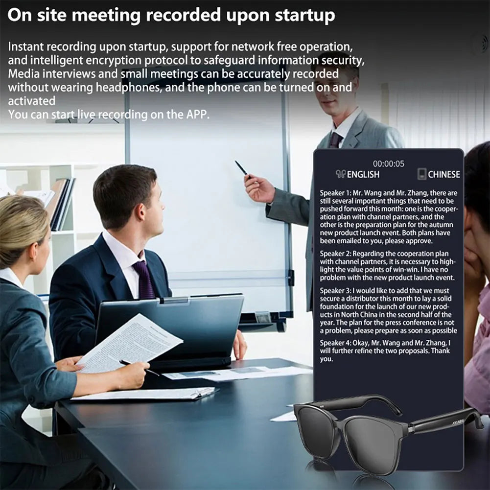 AI Glasses Wireless Earbuds Automatic Voice Translation Audio Glasses Support 75 Languages BT 5.4 for Sports Meeting Recording