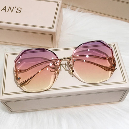 Luxury Round Gradient Sunglasses | Women | UV400 Metal Curved Temple Ocean Rimless Fashion
