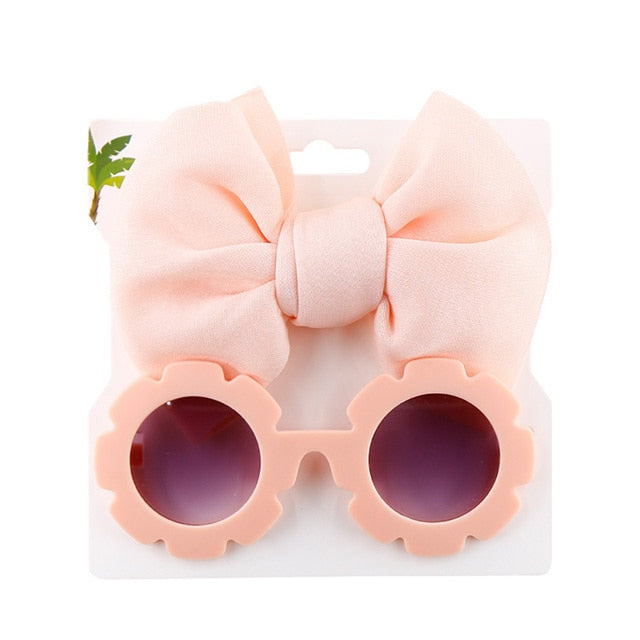 Baby Girls Hair Accessories Fashion Sun Flower Sunglasses Bow Hairband Set Newborn Head Bands Summer Beach Photography Props
