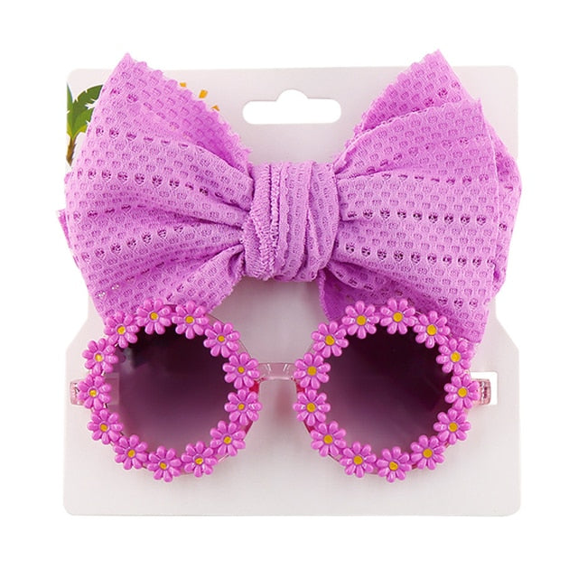 Baby Girls Hair Accessories Fashion Sun Flower Sunglasses Bow Hairband Set Newborn Head Bands Summer Beach Photography Props