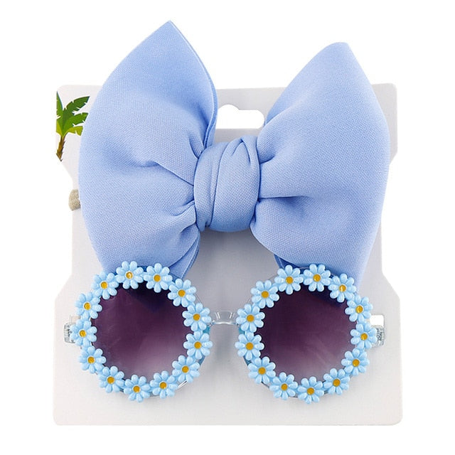 Baby Girls Hair Accessories Fashion Sun Flower Sunglasses Bow Hairband Set Newborn Head Bands Summer Beach Photography Props