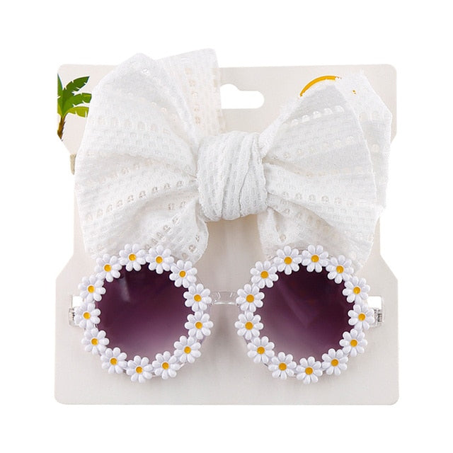 Baby Girls Hair Accessories Fashion Sun Flower Sunglasses Bow Hairband Set Newborn Head Bands Summer Beach Photography Props