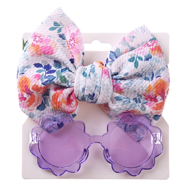 Baby Girls Hair Accessories Fashion Sun Flower Sunglasses Bow Hairband Set Newborn Head Bands Summer Beach Photography Props