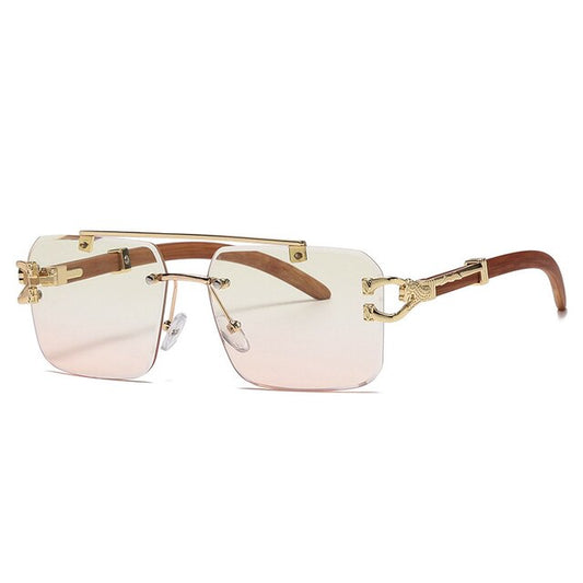 Punk Wood-Print Rimless Square Sunglasses | Women & Men | Gold Lion Detail | Smoke Lens